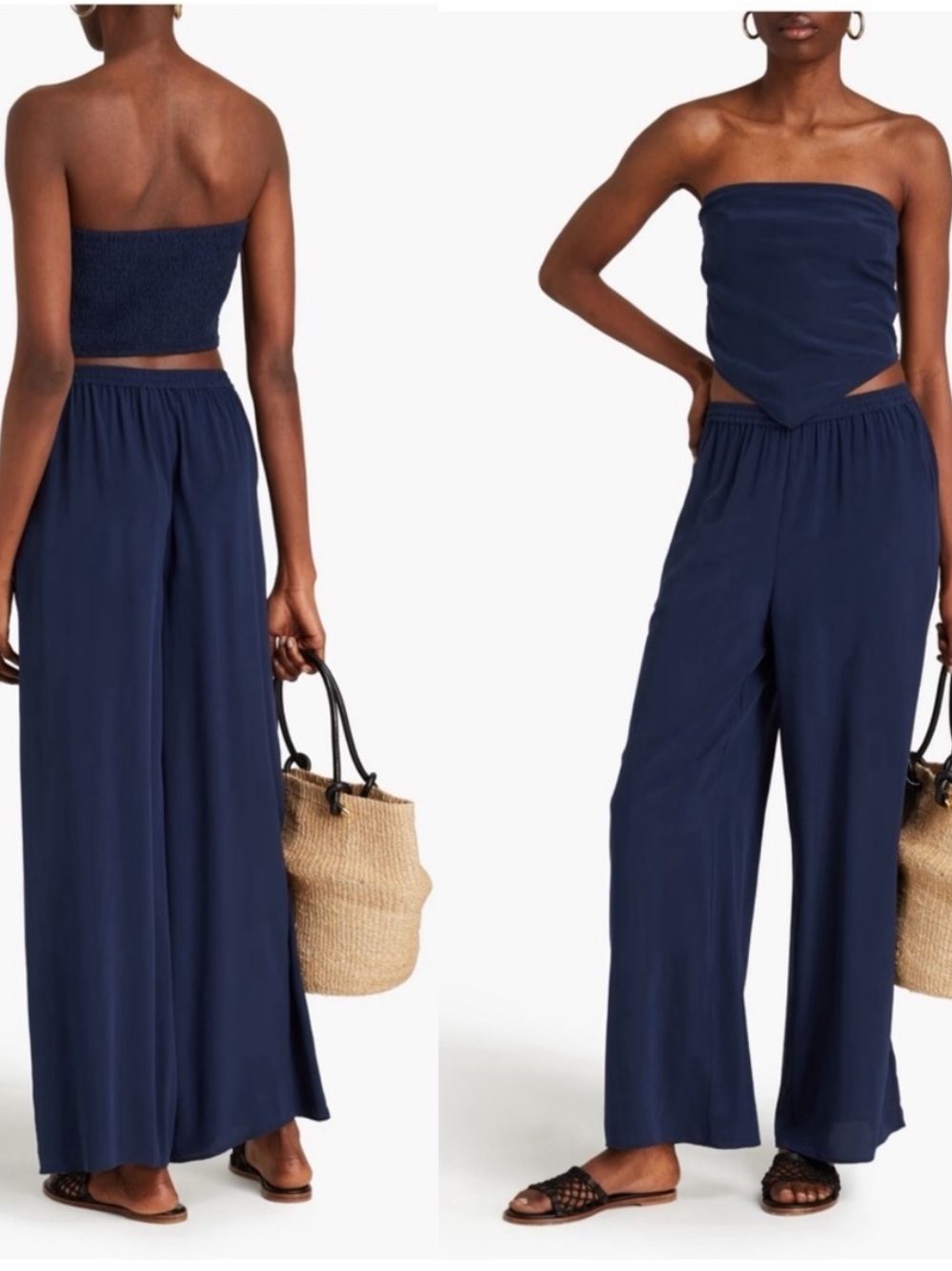 NWT Onia 100% Silk Wide Leg Drawstring Pants Deep Navy Blue XS 1201